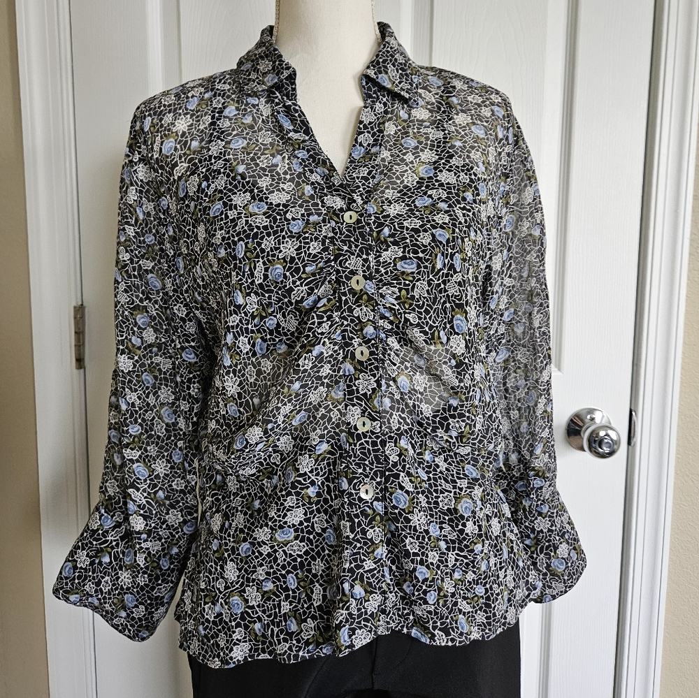 Vintage - 100% Silk Sheer Floral Button Down Blouse